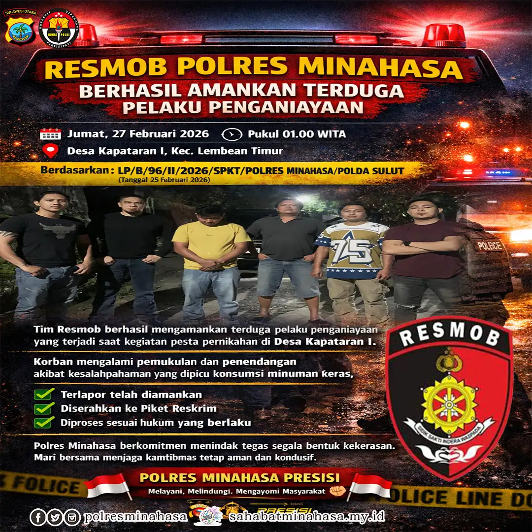 Tidak terima ditegur Pelaku Penganiyaan langsung diamankan Tim Resmob Polres Minahasa